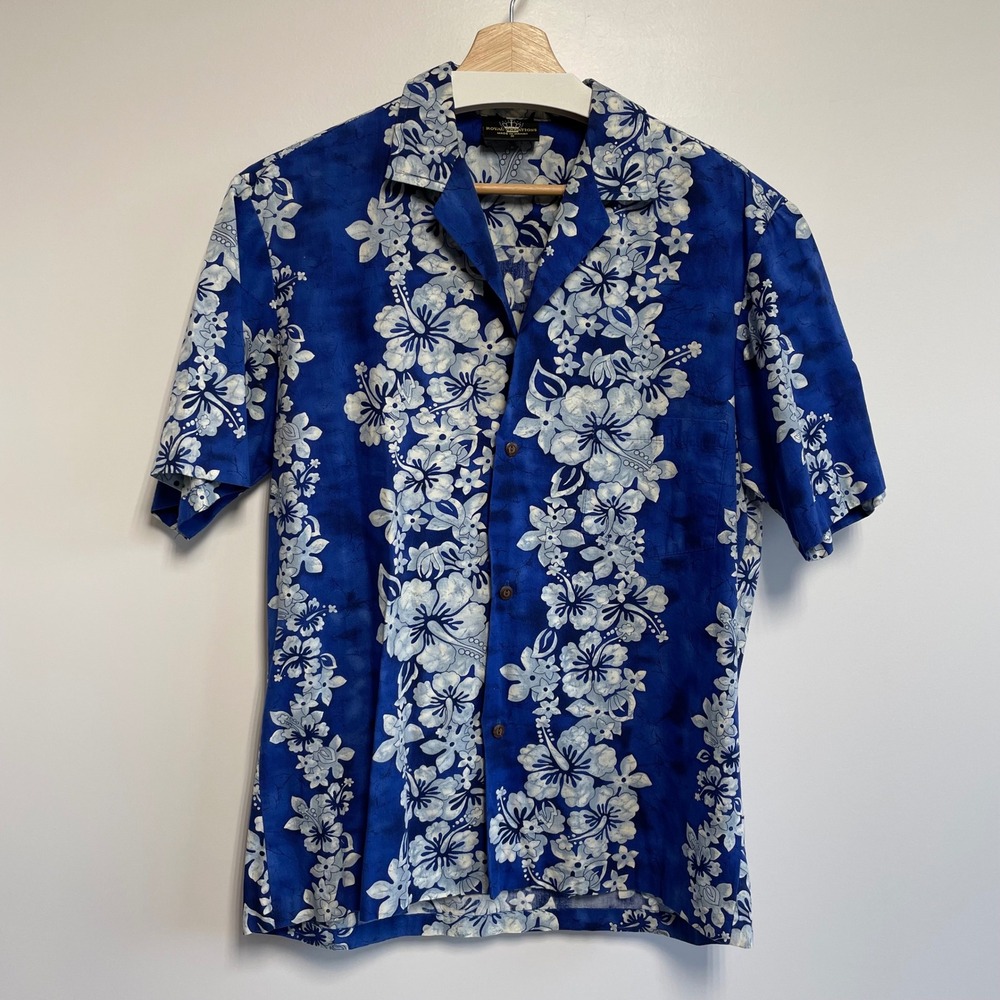 Royal Creations Men's Vintage Hawaiian‎ Shirt Blue Floral Short Sleeve Size M